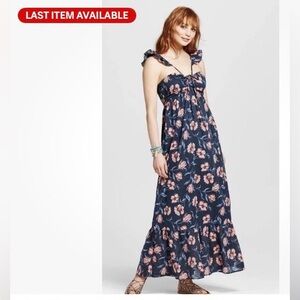 Vintage Xhilaration Blue Pink Floral Maxi Dress ruffle hem and flutter strap M